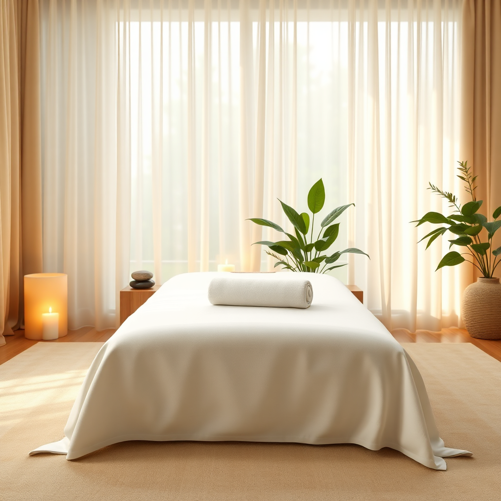 Create a photorealistic, ultra-high quality header image representing "Équilibre de Vie". The scene depicts a serene massage room with soft, diffused natural light filtering through sheer curtains. A massage table is centrally positioned, draped with a pristine white sheet and a neatly folded towel. In the background, focus on aromatherapy diffusers emitting a gentle mist, along with softly glowing candles strategically placed to create a tranquil ambiance. Incorporate elements like smooth river stones and lush green plants to enhance the feeling of nature and wellness. The color palette should consist of calming earth tones like beige, cream, and soft green, accented by warm golden highlights from the candlelight. The camera angle should be a wide shot, capturing the entire room from a slightly elevated perspective to convey spaciousness and serenity. The textures should be hyperrealistic, emphasizing the softness of the linens, the smoothness of the stones, and the delicate details of the plants. Style reference: Scandinavian minimalist spa. Technical specs: 8K resolution, hyperrealistic.