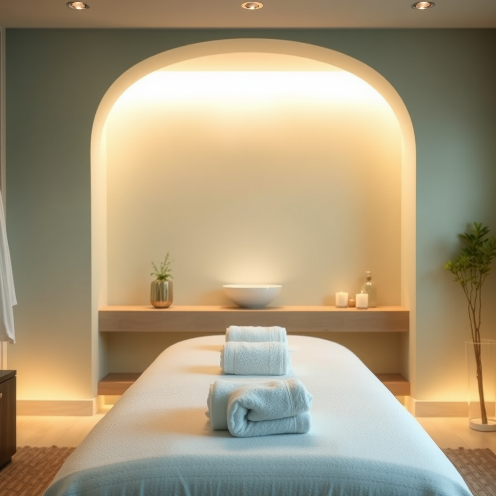 Create an image of a serene spa setting with soft lighting, featuring a massage table with neatly folded towels. Focus on creating a sense of calm and relaxation. Use a color palette of soft blues, greens, and whites.