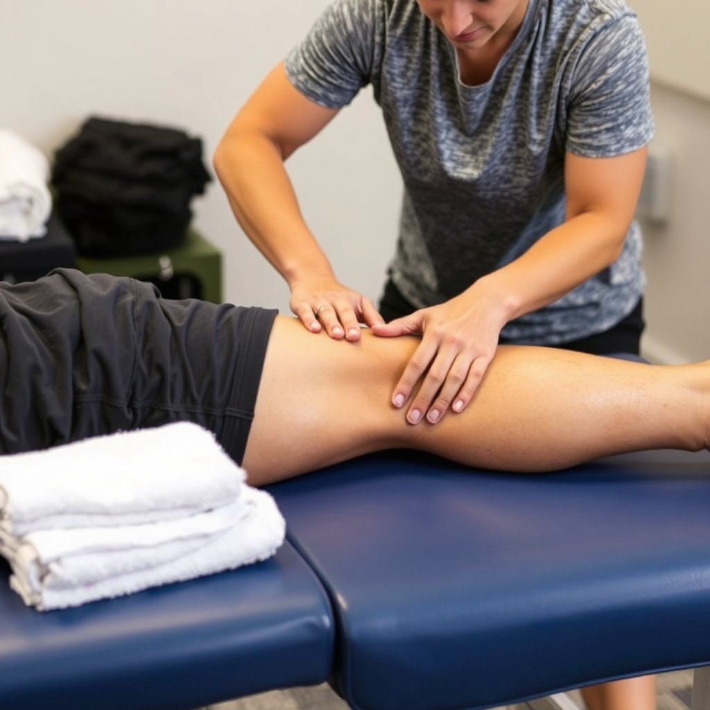 Image of a massage therapist working on an athlete's leg muscles after a workout. The athlete is lying on a massage table, and the therapist is using specialized techniques to improve circulation and reduce muscle soreness. Show towels and workout clothes.
