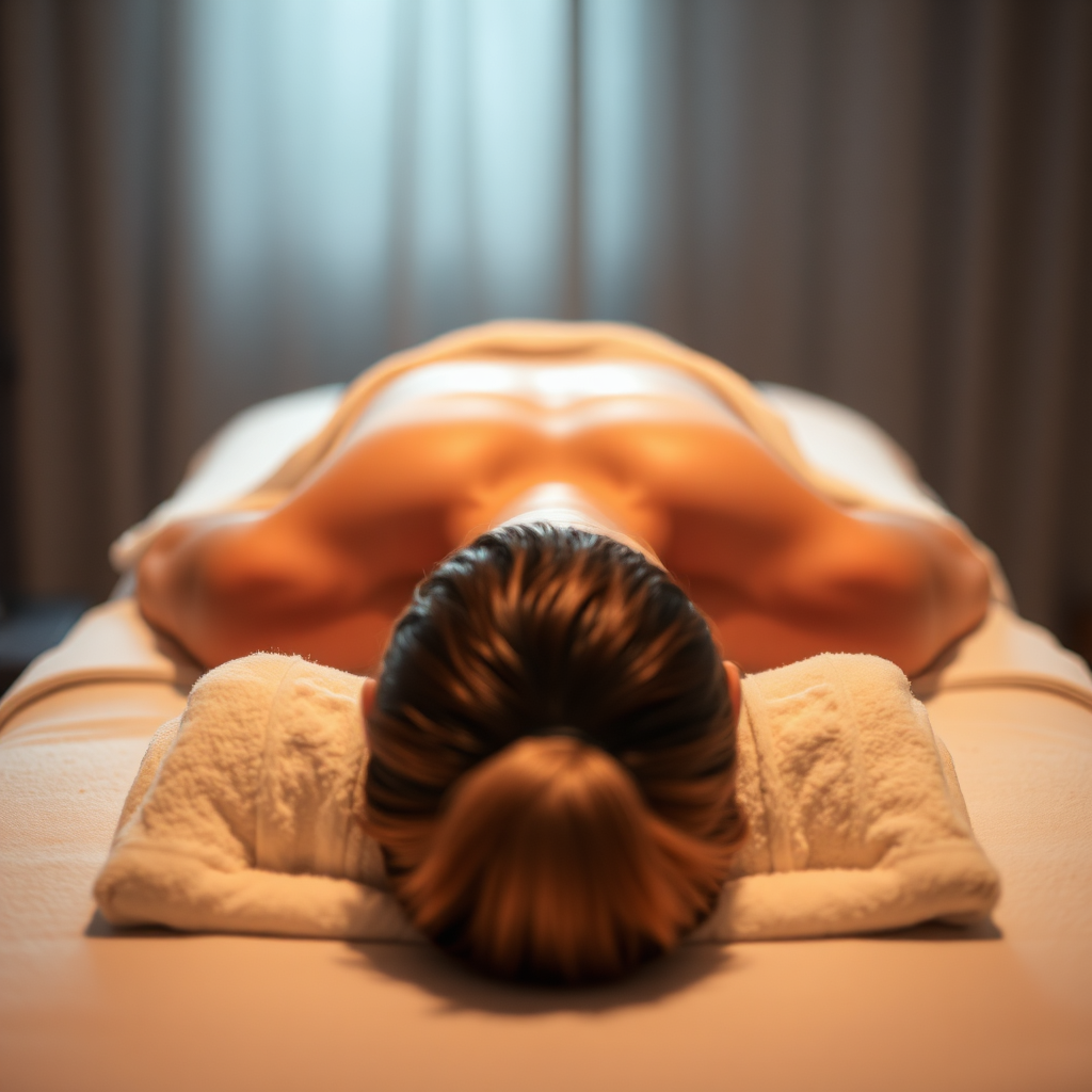 Close-up image of a massage therapist applying pressure to specific muscle knots on a client's back. The lighting is focused and highlights the muscles being worked. The environment is clean and professional. Show oil and the focused area.