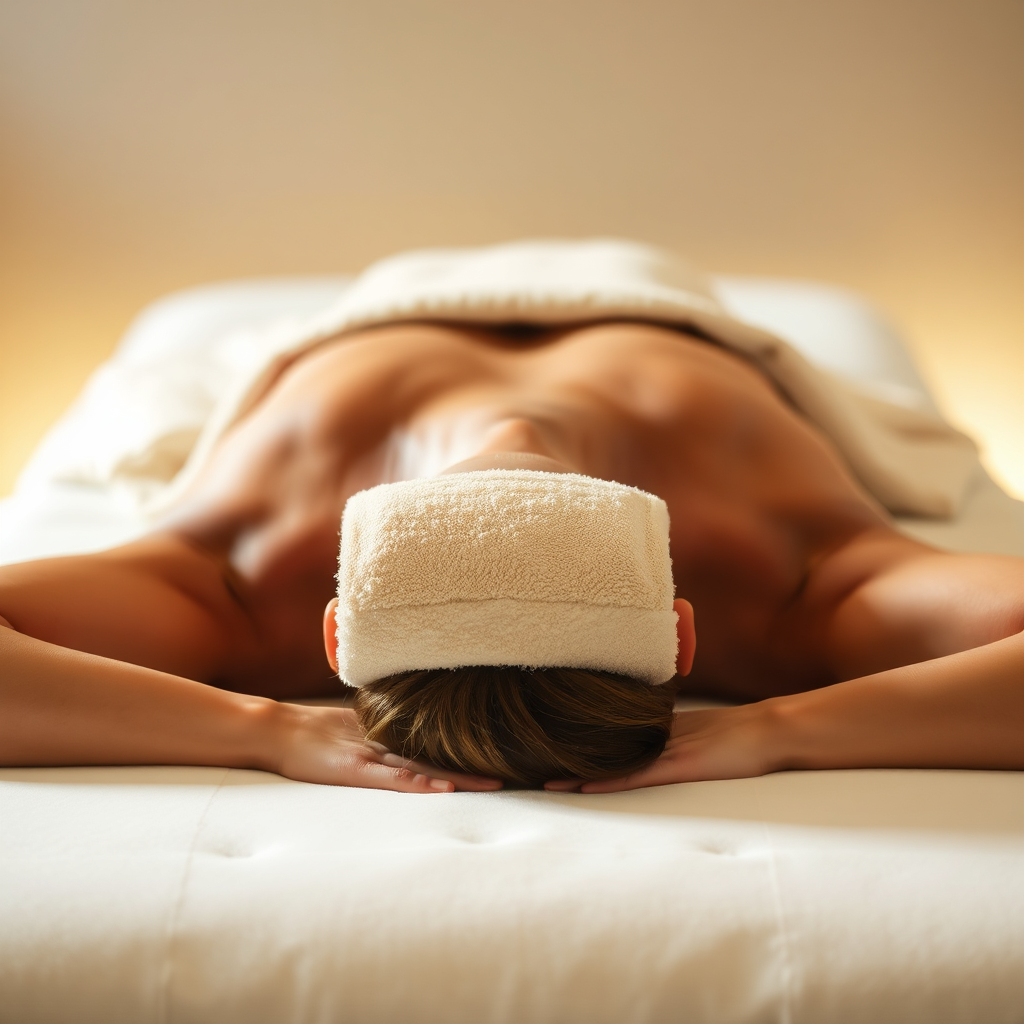 Image of a person lying face down on a massage table with a soft, warm towel draped over their back. The lighting is soft and diffused, creating a calming atmosphere. Focus on the soothing environment and the feeling of relaxation.