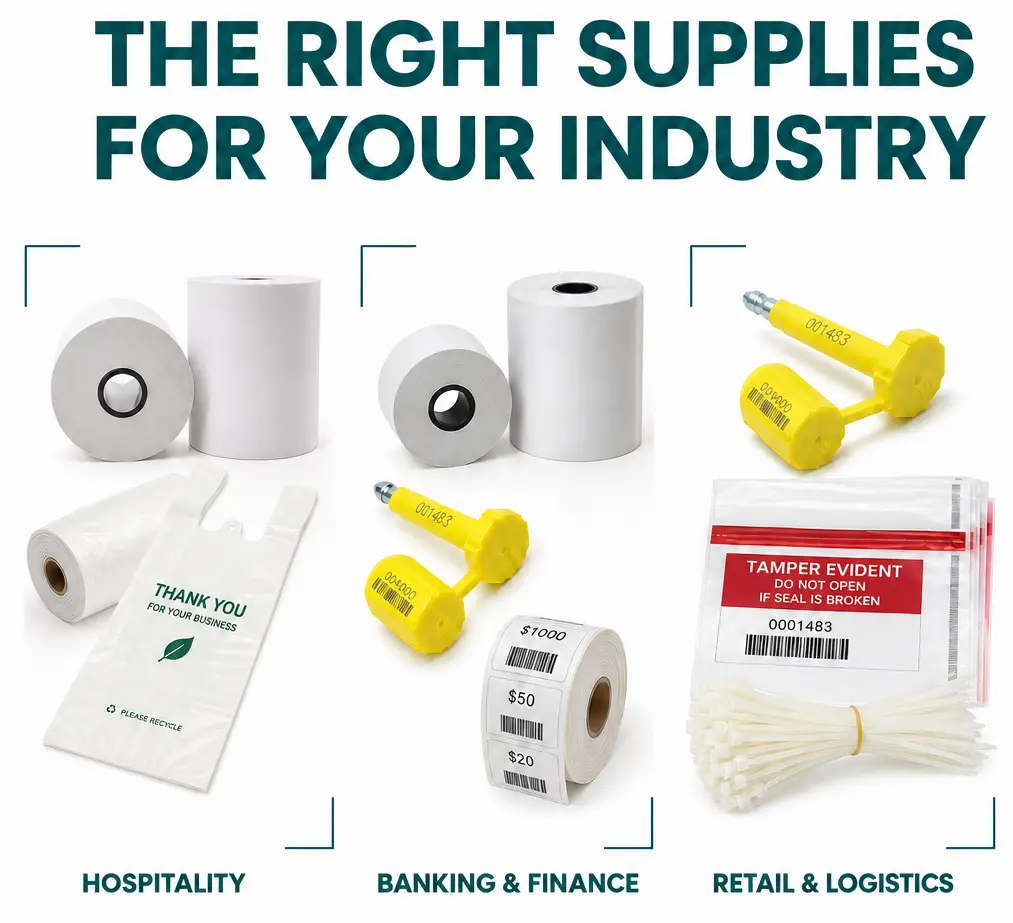 Security seals, packaging supplies and POS rolls arranged professionally