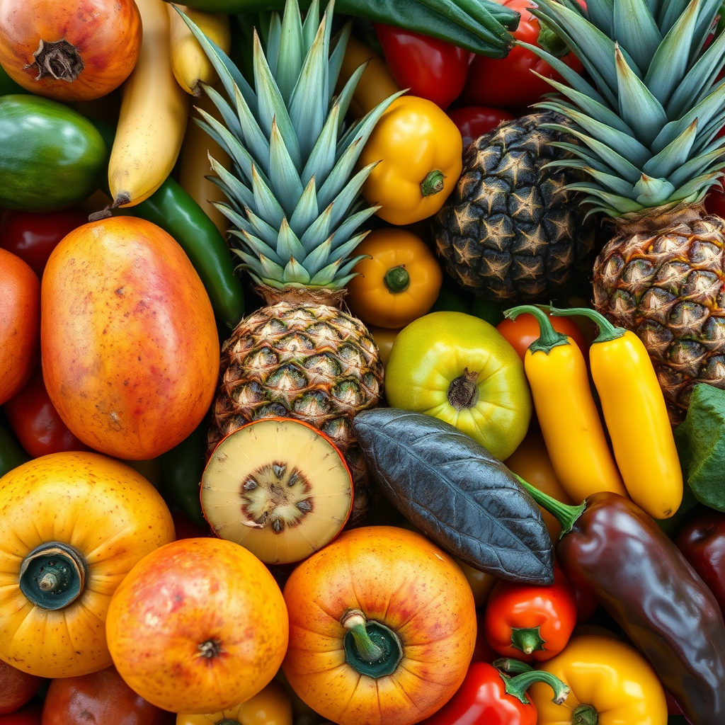 Create a photorealistic close-up image showcasing a vibrant assortment of Jamaican fruits and vegetables. Include mangoes, pineapples, bananas, peppers, and other exotic produce. The lighting should be bright and colorful, highlighting the textures and colors of the fruits and vegetables. The camera angle should be directly above, creating a visually appealing composition. The overall feel should be one of abundance, freshness, and the exotic flavors of Jamaica.