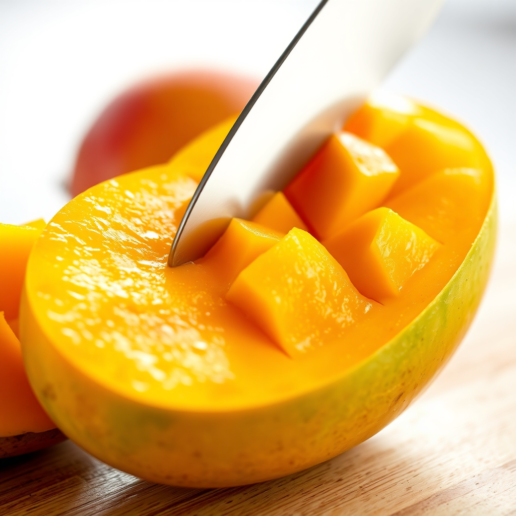 Create a photorealistic image of a freshly picked mango being sliced open, revealing its juicy and vibrant interior. The lighting should be bright and focused, highlighting the texture and color of the mango. The camera angle should be a close-up, emphasizing the freshness and appeal of the fruit. The overall feel should be one of irresistible freshness, delicious flavor, and the promise of a premium product.