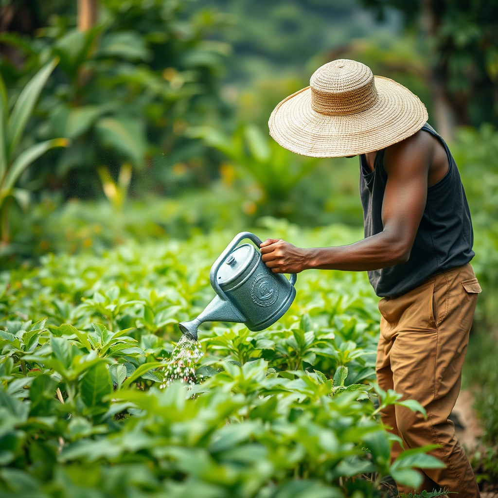 Create a photorealistic image of a Jamaican farmer tending to his crops using sustainable methods. The farmer should be watering the plants with a watering can, and the surrounding area should be lush and green. The lighting should be soft and natural, suggesting a peaceful and harmonious environment. The camera angle should be a medium shot, capturing the farmer's connection to the land. The overall feel should be one of sustainability, environmental responsibility, and respect for nature.