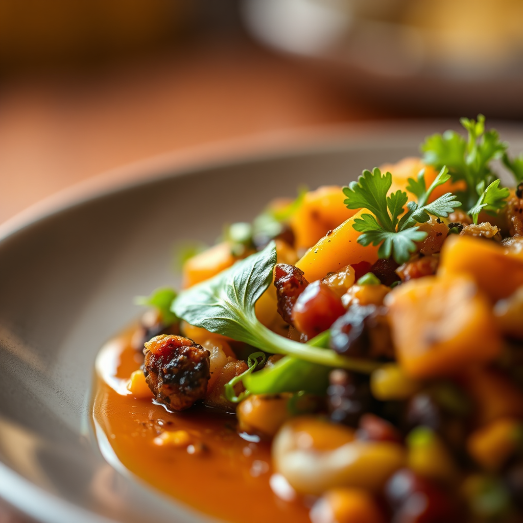Create a photorealistic image of a gourmet dish featuring Jamaican produce as the star ingredient. The dish could be a salad, a curry, or any other visually appealing creation. The lighting should be warm and inviting, highlighting the textures and colors of the dish. The camera angle should be close-up, focusing on the details of the presentation. The overall feel should be one of culinary excellence, innovation, and the versatility of Jamaican produce.