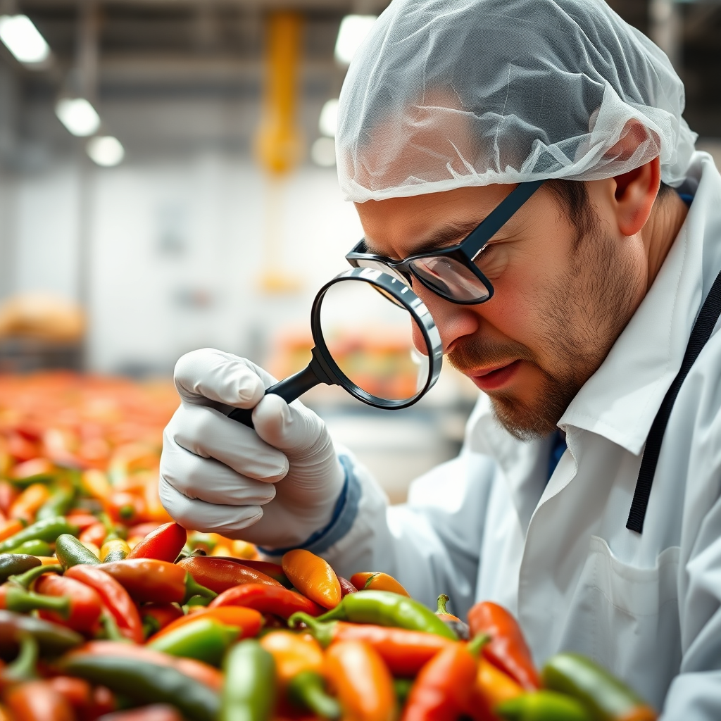 Create a photorealistic image of a quality control expert inspecting a batch of freshly harvested peppers. The expert should be wearing gloves and using a magnifying glass to examine the peppers for any imperfections. The background should be a clean, well-lit processing area. The lighting should be bright and even, highlighting the details of the peppers. The camera angle should be a close-up, focusing on the expert's hands and the peppers. The overall feel should be one of precision, attention to detail, and commitment to quality.