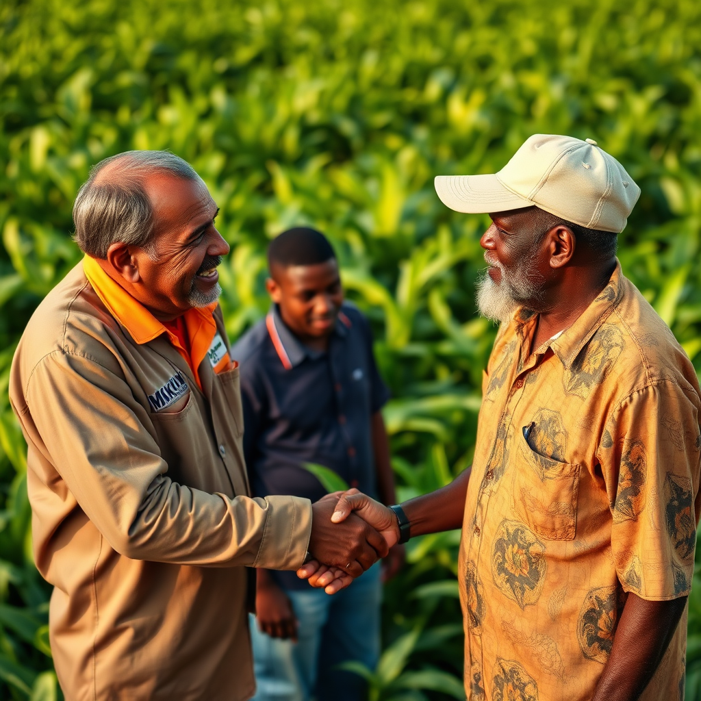 Create a photorealistic image of a meeting between a Mcknight Exports representative and a local Jamaican farmer. The representative should be shaking the farmer's hand, and the background should be a lush green field. The lighting should be warm and inviting, suggesting a positive and collaborative relationship. The camera angle should be a medium shot, capturing the faces of both individuals. The overall feel should be one of partnership, trust, and support for local communities.