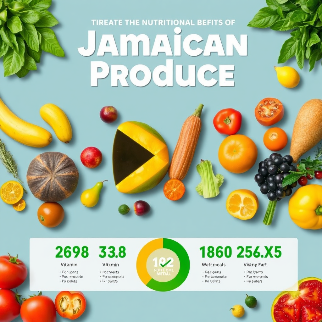 Create a stylized image highlighting the nutritional benefits of Jamaican produce. The image should feature a variety of fruits and vegetables arranged in a visually appealing manner, with infographics showcasing their vitamin and mineral content. The color palette should be bright and cheerful, with a focus on greens and yellows. The overall feel should be one of health, wellness, and the nutritional power of Jamaican produce.