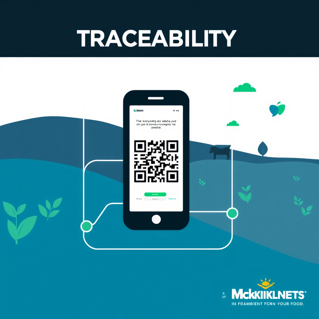 Create a stylized image representing the traceability of Mcknight Exports' produce. The image should feature a QR code that leads to a tracking system, with a visual representation of the journey from the farm to the consumer. The color palette should be modern and technological, with a focus on blues and greens. The overall feel should be one of transparency, accountability, and the ability to track the origin of your food.