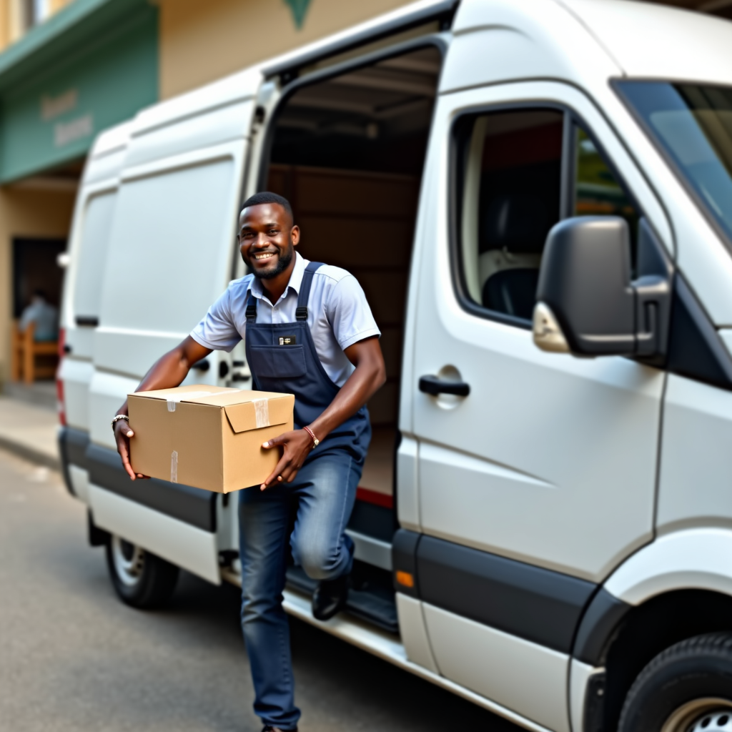 Jamaican delivery driver unloading Nerube boxes at storefront