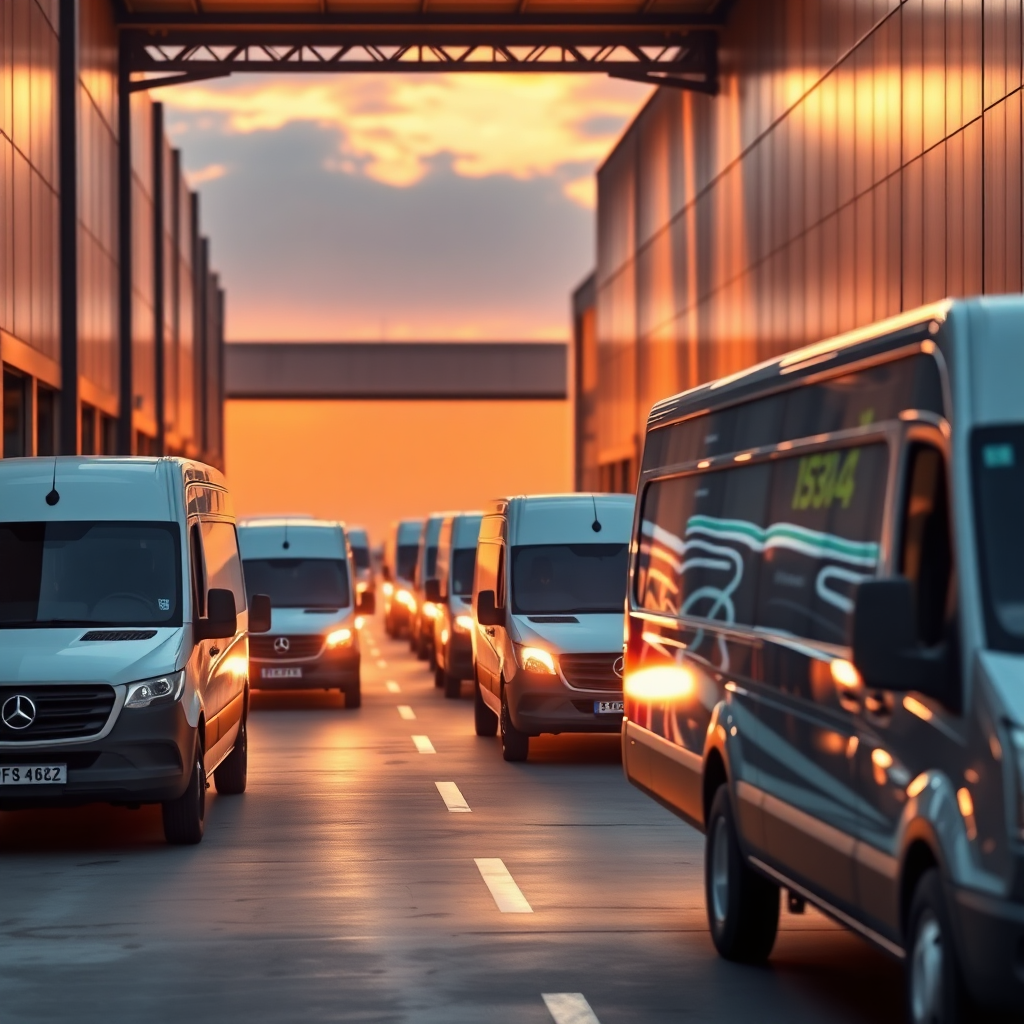 Fleet of Nerube delivery vans leaving organized Jamaican warehouse at dawn for scheduled dispatch