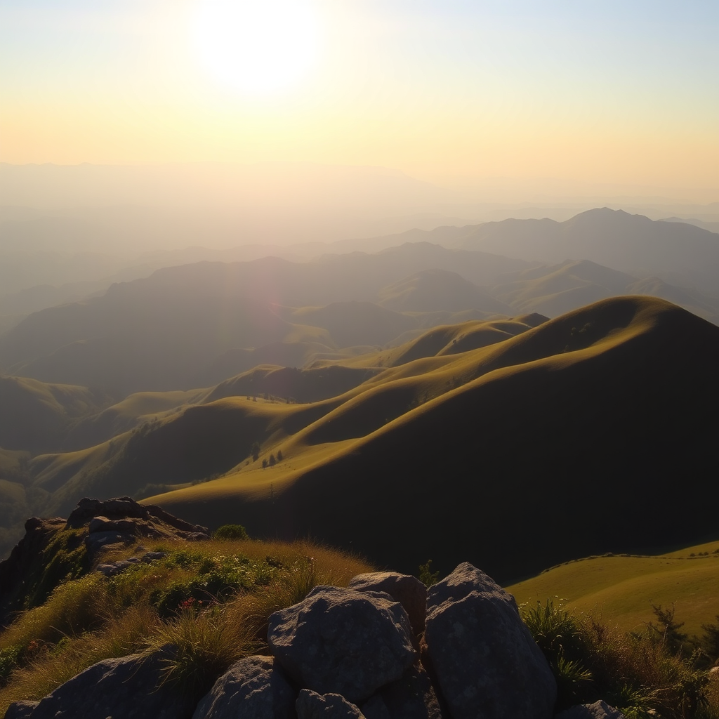 Sonnenaufgang über grünen Hügeln, symbolisiert Wachstum und Wohlbefinden.