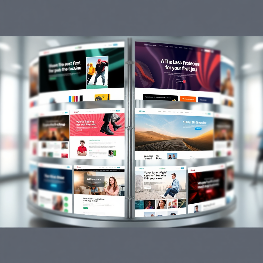 A carousel showcasing different website templates. Each template is visually stunning and caters to different industries. The backgrounds are blurred, focusing attention on the template designs. The lighting is soft and even, highlighting the colors and details of each template. The camera angle is a wide shot, capturing the entire carousel. The image should convey a sense of variety and professional quality. Style: Clean, modern, visually appealing. 4k resolution, high detail.