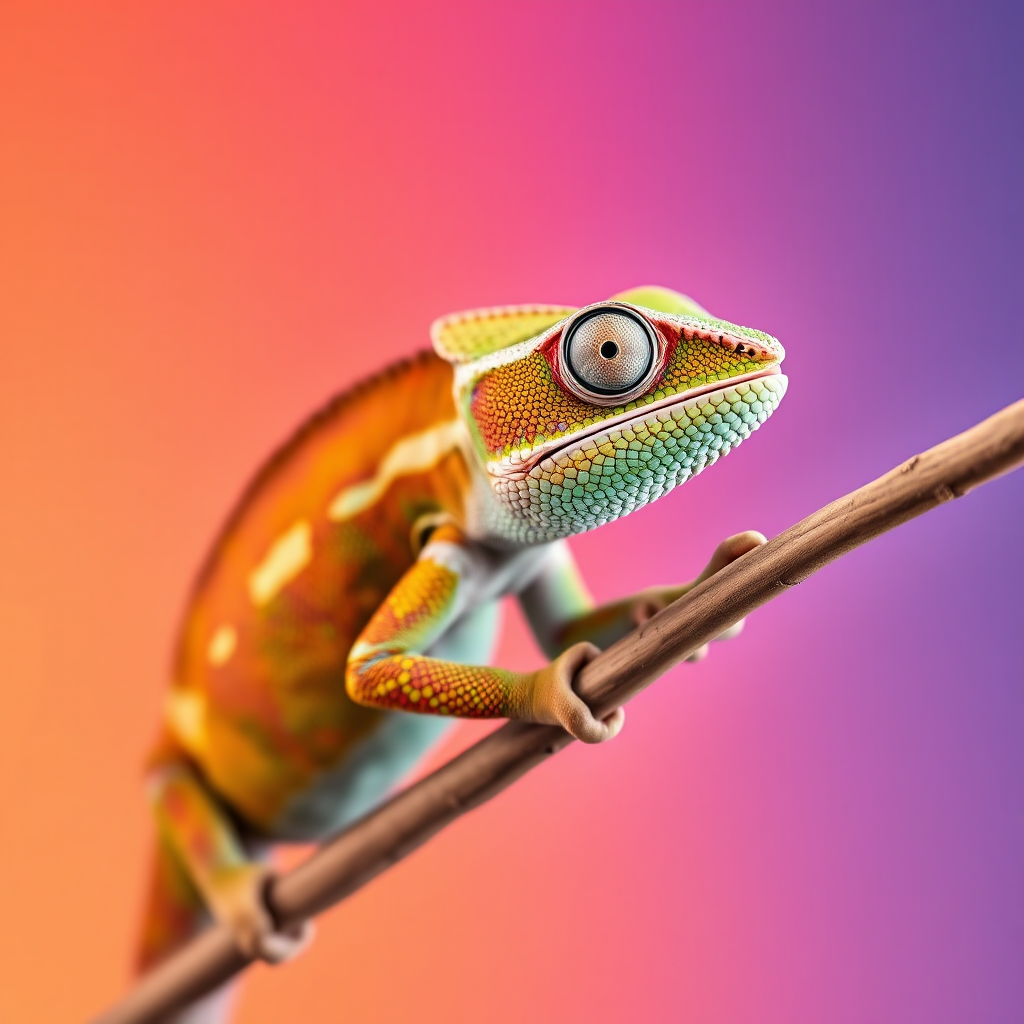A chameleon adapting to different colored backgrounds, symbolizing the adaptability of Clicksite.ai templates. The background is a series of vibrant colors. The lighting is soft and even, highlighting the chameleon's colors. The camera angle is a close-up, focusing on the chameleon. The image should convey a sense of flexibility and customization. Style: Colorful, whimsical, visually engaging. 4k resolution, high detail.