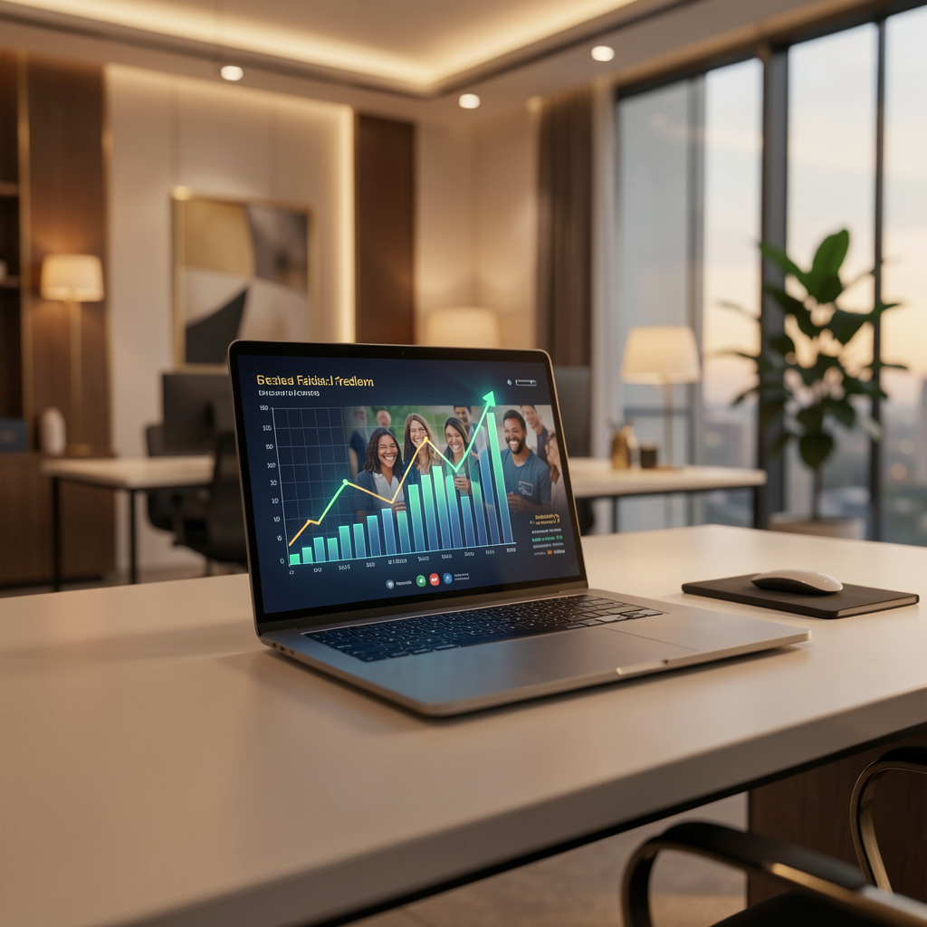 Laptop mit Wachstumsgrafiken und Community-Bildern auf einem luxuriösen Schreibtisch