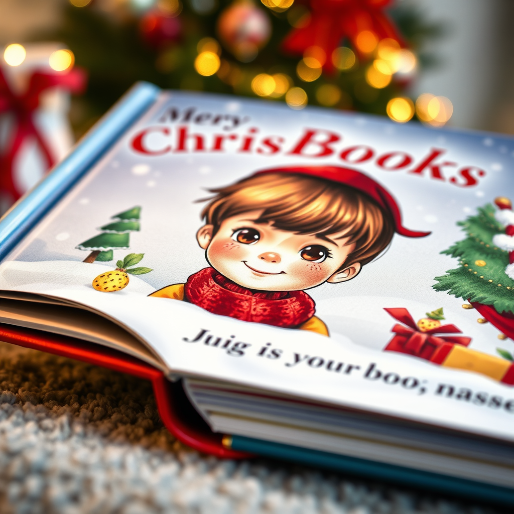 A close-up image of a personalized Christmas storybook. The cover is vibrant and features an illustration of a child who resembles the target customer. The child's name is clearly visible on the cover. The background is a festive Christmas scene. The lighting is soft and inviting. The camera angle is directly facing the book, showcasing the cover design and personalization. Focus on texture and detail to highlight the quality of the book.