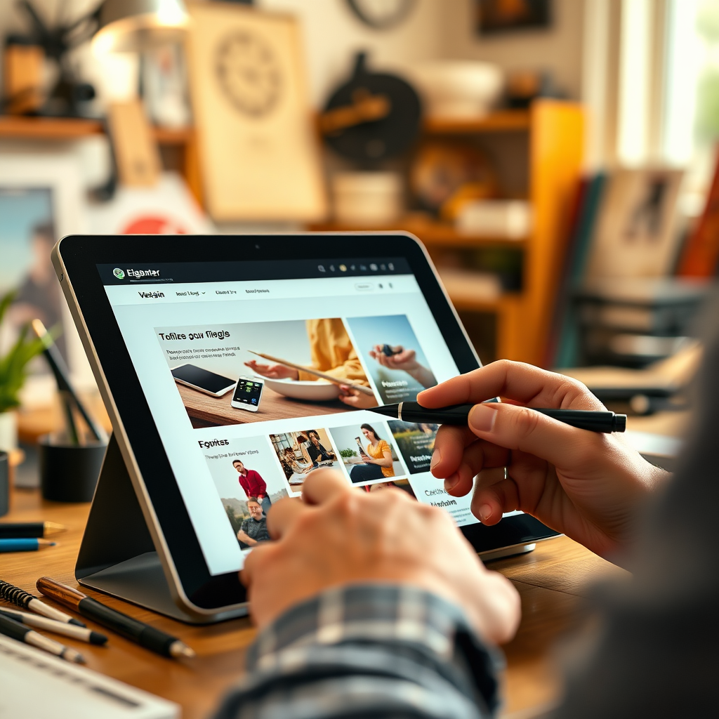 A designer using a digital pen to customize a website template on a tablet. The background is a creative studio with various design tools. The lighting is warm and inviting. The camera angle is a close-up, focusing on the tablet and the designer's hands. Style: Creative, professional, detail-oriented. 4k resolution, high detail.