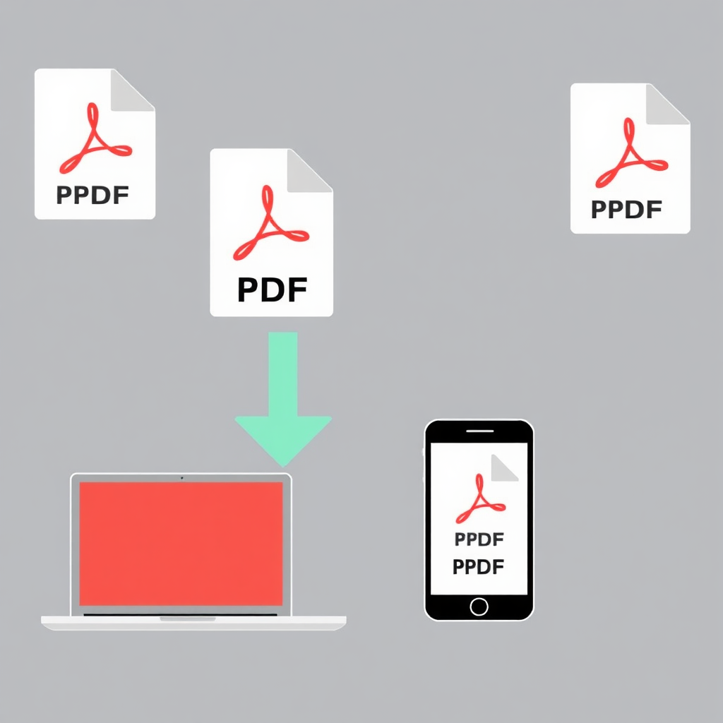 A graphic representation of a PDF file being downloaded and opened on various devices (laptop, tablet, smartphone). The overall style is clean and modern.