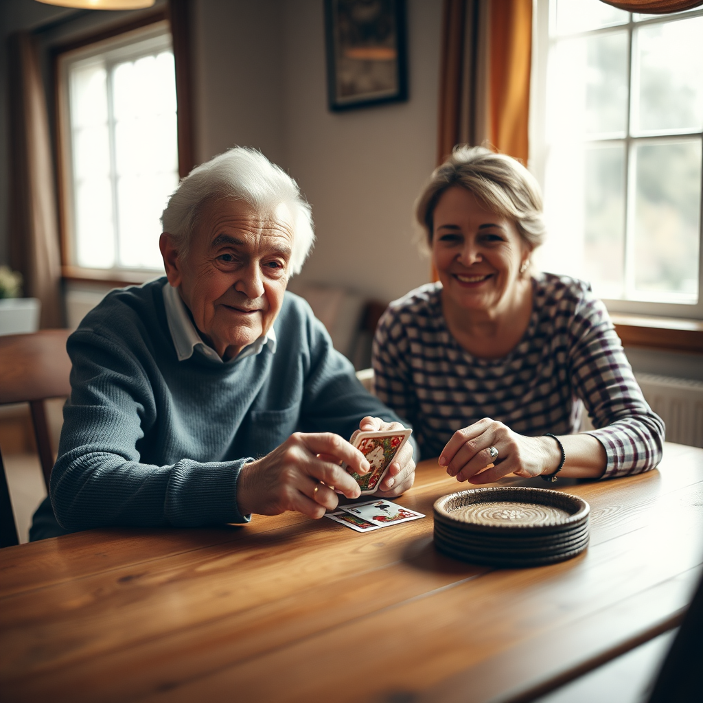 Ältere Person und Betreuer spielen Karten