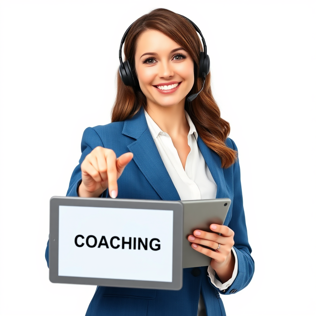 Smiling coach with headset and tablet