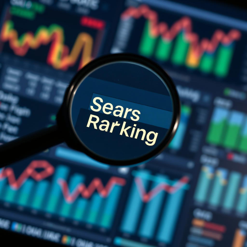 A magnifying glass focusing on a website's search engine ranking on a computer screen. The background is a data-rich dashboard with charts and graphs. The lighting is focused and intense, highlighting the search engine ranking. The camera angle is a close-up, focusing on the magnifying glass and the screen. The image should convey a sense of expertise and optimization. Style: Analytical, professional, data-driven. 4k resolution, high detail.