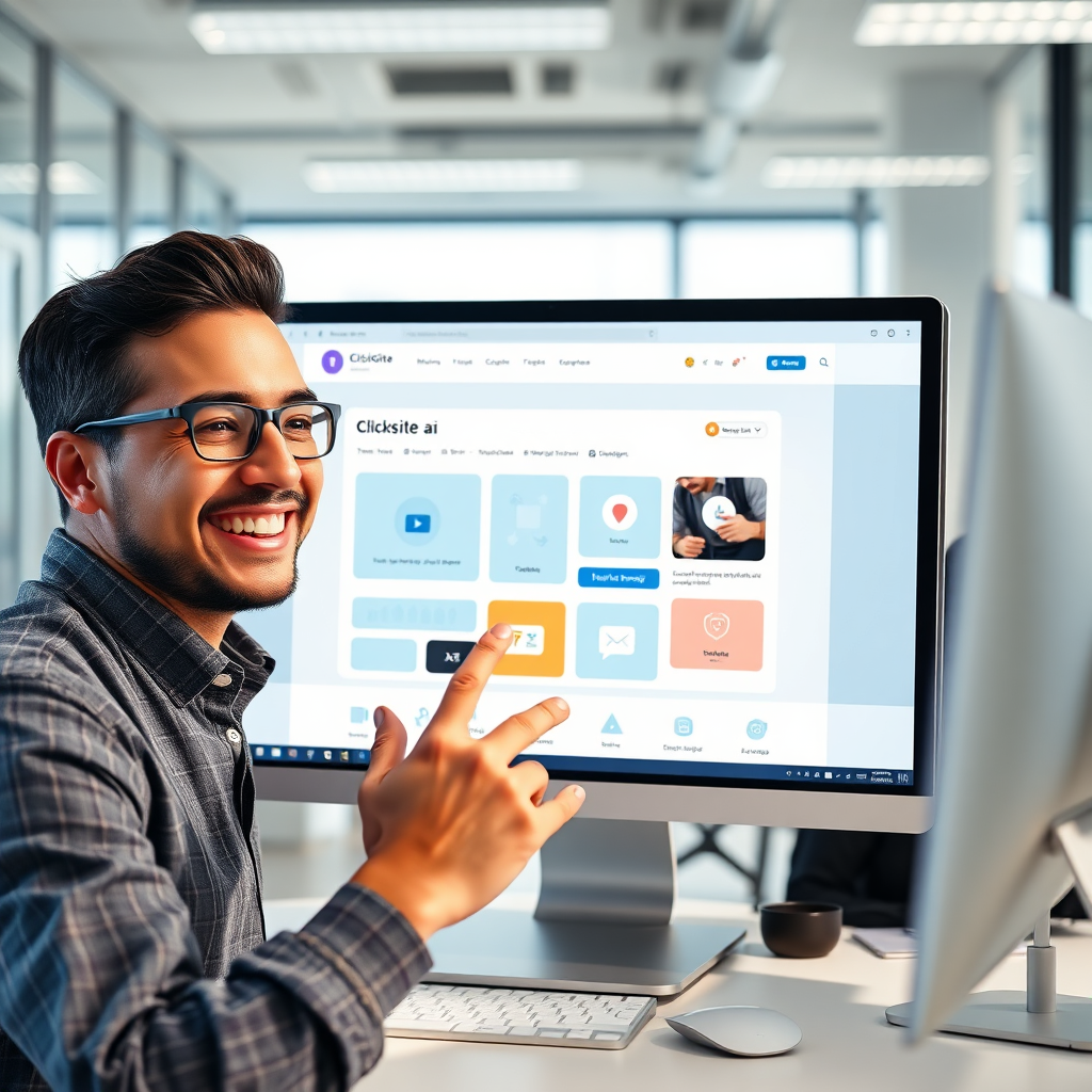 A person smiling while dragging and dropping website elements on a computer screen. The Clicksite.ai interface is clean and intuitive, with clear icons and labels. The background is a modern office setting. The lighting is bright and cheerful. The camera angle is a medium shot, focusing on the screen and the person's hands. The image should convey a sense of ease and accomplishment. Style: Photorealistic, user-friendly. Emphasis on clarity and positive emotion. 4k resolution, high detail.