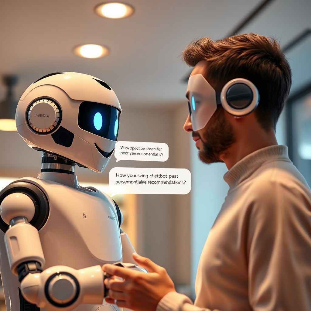 A photorealistic image of a friendly chatbot interface interacting with a customer, providing personalized recommendations. The background is a clean, modern design. The lighting is warm and inviting. The camera angle is a close-up shot to show the interaction between the chatbot and the customer. Technical specs: 4K resolution, high quality.