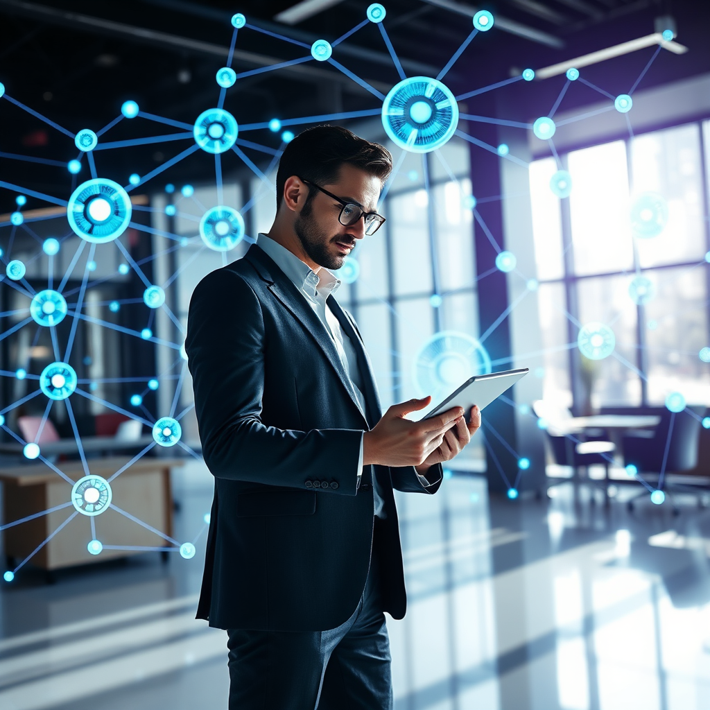 A photorealistic, ultra-high quality header image showcasing the power of AI in recommendation marketing. The scene features a dynamic network of interconnected nodes representing AI algorithms, with data streams flowing between them. A central figure, a modern professional, is confidently navigating this network using a tablet, symbolizing the ease of use of the 'All-Inclusive Helden' guide. The lighting is bright and futuristic, with a color palette of blues, greens, and purples to represent innovation and intelligence. The camera angle is a low-angle shot, emphasizing the scale and impact of the AI network. Pay attention to texture details to make the network and the tablet look realistic and tactile. The environment is a sleek, modern office space. Props include stylized data visualizations and holographic displays. Style reference: Minimalist, high-tech aesthetic. Technical specs: 8K resolution, hyperrealistic rendering.