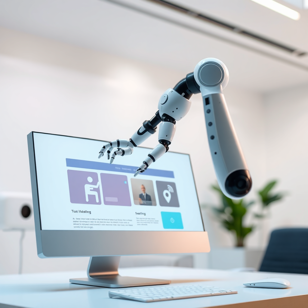 A robot arm gently placing website elements onto a computer screen, symbolizing the AI-powered website creation process. The background is a clean, modern workspace. The lighting is soft and futuristic. The camera angle is a medium shot, focusing on the robot arm and the screen. Style: Modern, futuristic, technologically advanced. 4k resolution, high detail.
