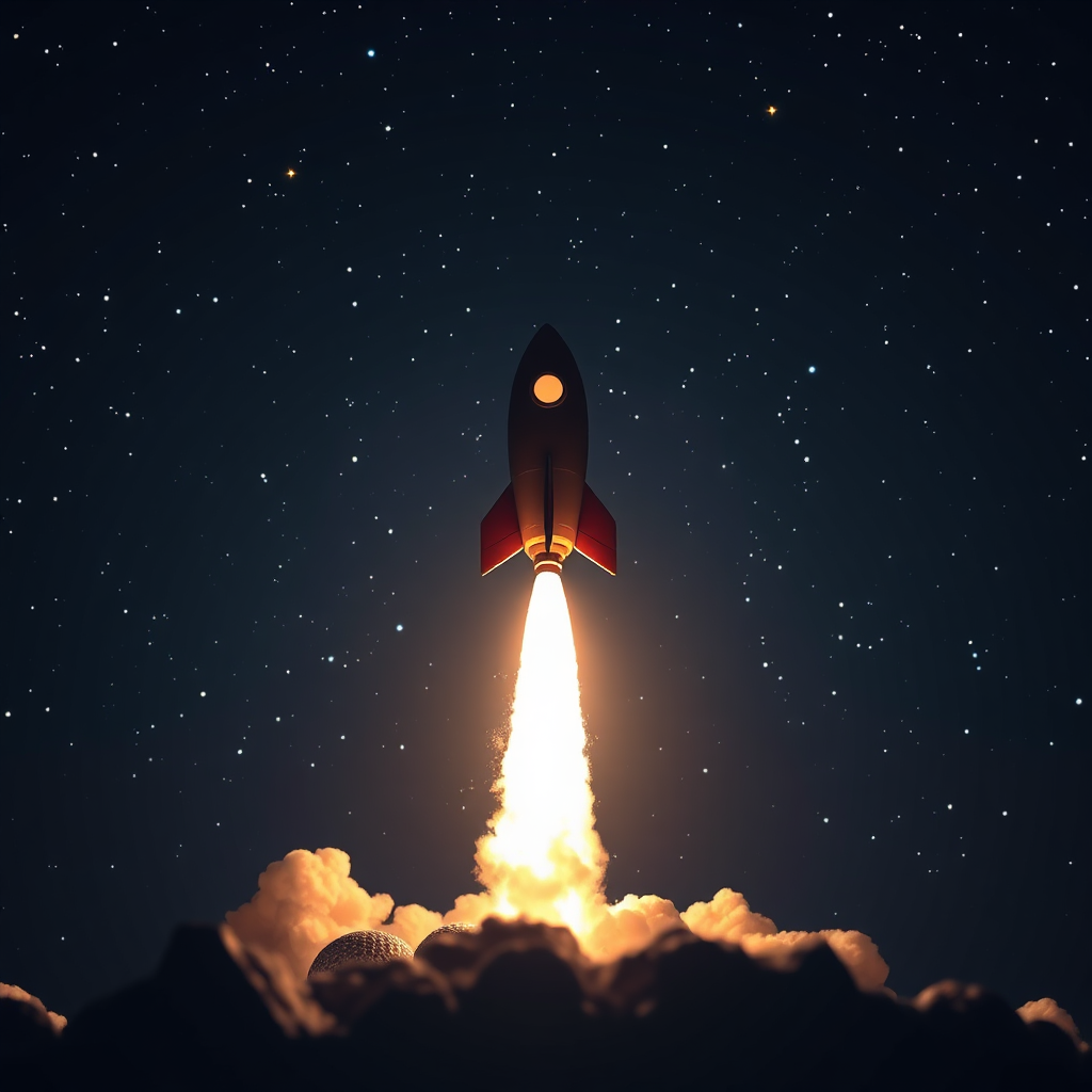 A rocket launching into space, symbolizing the improved search engine ranking achieved through SEO optimization. The background is a starry sky. The lighting is dramatic and intense. The camera angle is a low angle, capturing the rocket's ascent. Style: Dynamic, powerful, visually striking. 4k resolution, high detail.