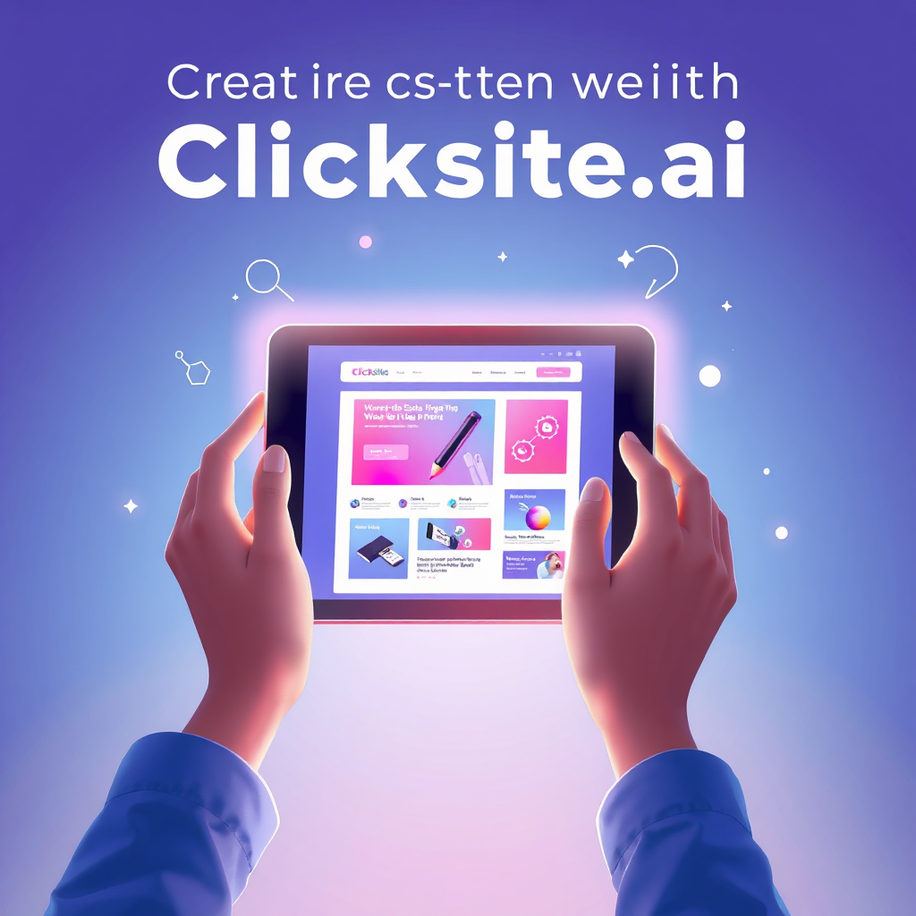 A stylized image representing the ease and power of creating websites with Clicksite.ai. The central focus is a glowing tablet displaying a vibrant website template. Hands are gently interacting with the screen, dragging and dropping elements with effortless ease. Around the tablet, abstract shapes and lines symbolize the flow of information and the interconnectedness of the digital world. The background is a soft gradient of blues and purples, creating a sense of calm and innovation. The lighting is soft and diffused, highlighting the screen's vibrant colors. The camera angle is a close-up, focusing on the tablet and hands. Style: Clean, minimalist design with a touch of futuristic flair. 4K resolution, high quality rendering, stylized illustration.