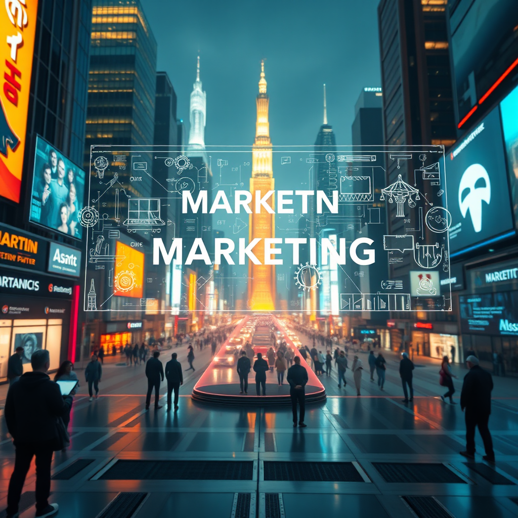 A stylized image representing the future of marketing, with holographic projections and advanced technology seamlessly integrated into everyday life. The background is a futuristic cityscape. The lighting is vibrant and dynamic. The camera angle is a wide shot to capture the scale and scope of the future. Technical specs: 4K resolution, high quality.