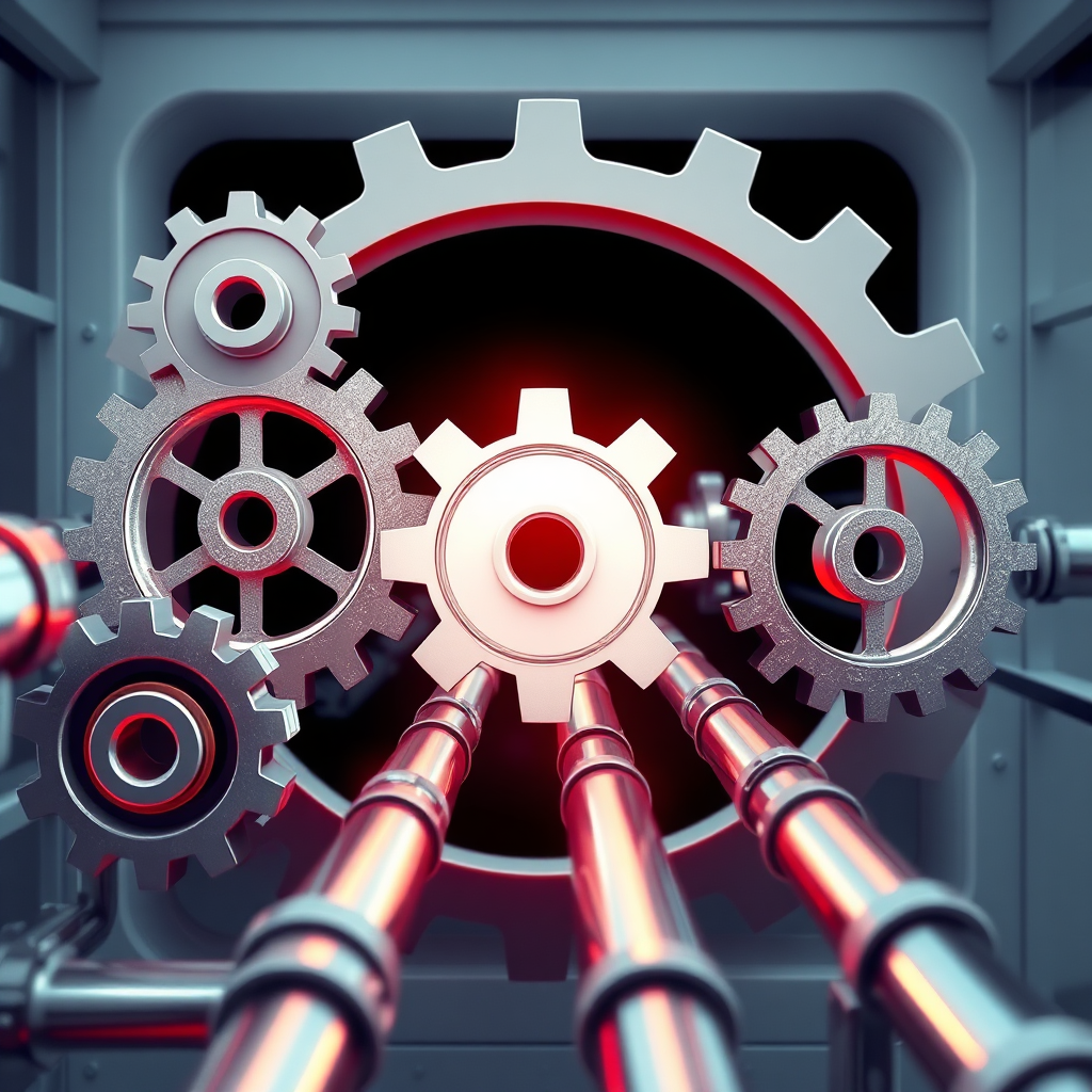 A stylized image representing automated processes, with gears turning smoothly and data flowing seamlessly through pipelines. The background is a clean, minimalist design. The lighting should be bright and efficient, symbolizing productivity. The camera angle is a dynamic shot to capture the movement of the gears. Technical specs: 4K resolution, high quality.