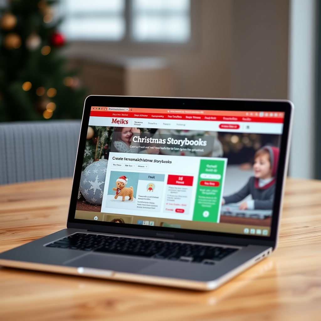 An image showing a laptop screen displaying the Meiks Weihnachts Tipps website. The website features a user-friendly interface for creating personalized Christmas storybooks. The lighting is bright and professional. The camera angle is a medium shot, capturing the laptop screen and the surrounding environment. The overall feeling is one of convenience and ease of use.