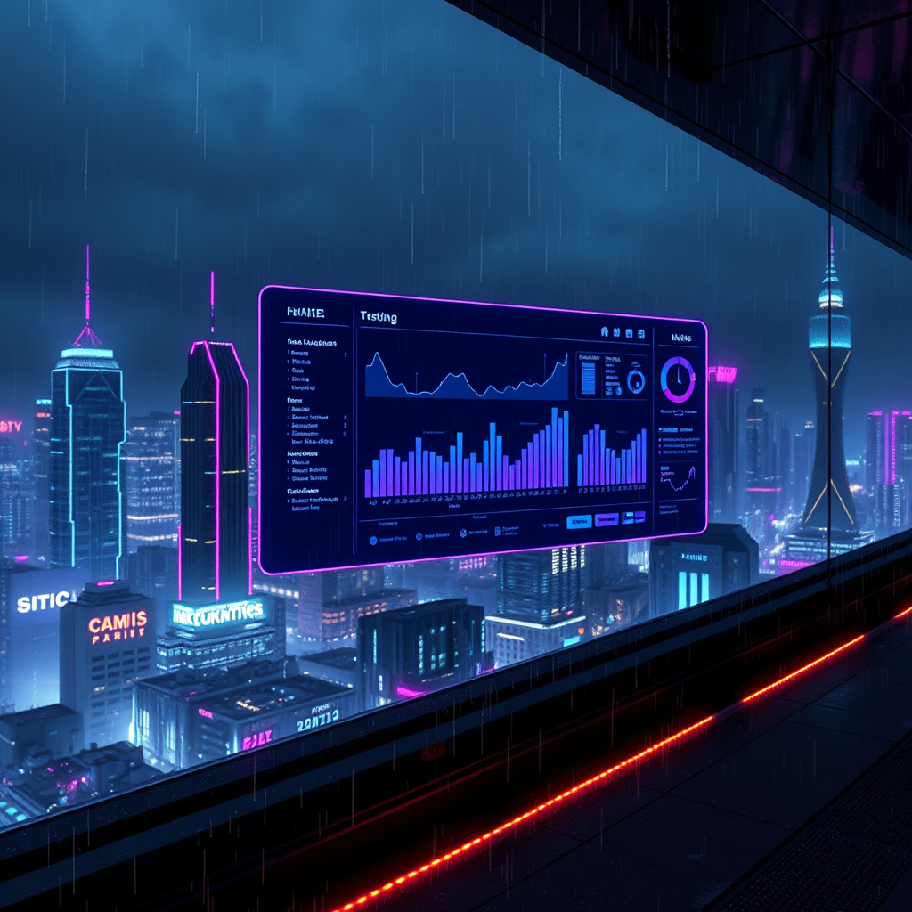 Futuristische Dashboard Ansicht über einer Cyberpunk Stadt