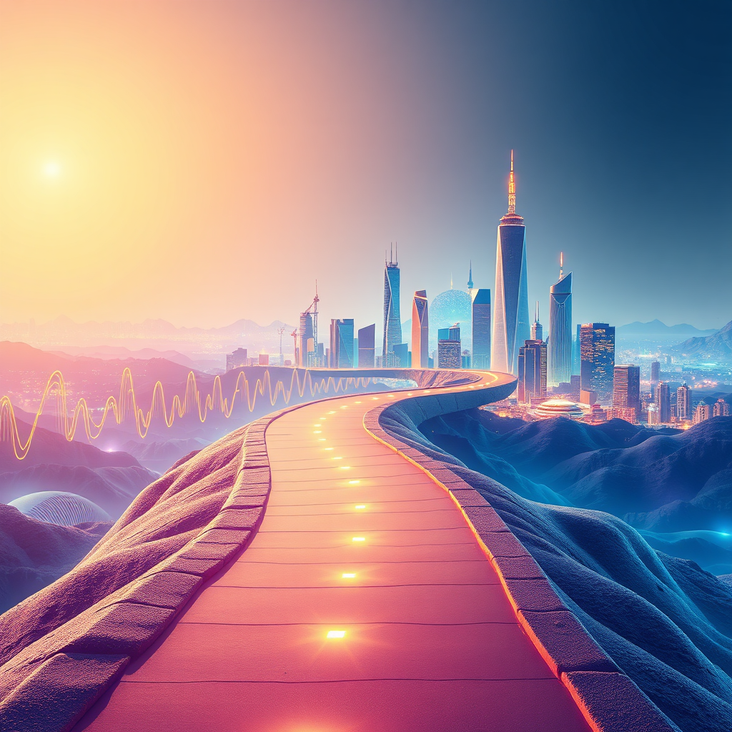 Create a 4K high-quality image representing "Mein Persönlicher Weg zum Einzig Wahren KI-Audio-E." Depict a stylized path winding upwards towards a futuristic cityscape made of sound waves and audio equipment. The path is brightly lit, symbolizing the journey to success, while the cityscape glows with vibrant colors. Include subtle representations of AI, such as glowing circuits, integrated into the cityscape. The overall composition should be optimistic and inspiring, reflecting the potential of AI in audio creation. The lighting should be soft and inviting, with a focus on the path. Color palette should include a mix of blues, purples, and gold to represent technology, creativity, and prosperity. Style references include concept art for technology startups and inspirational landscapes. Focus on creating a visually appealing and motivational image.