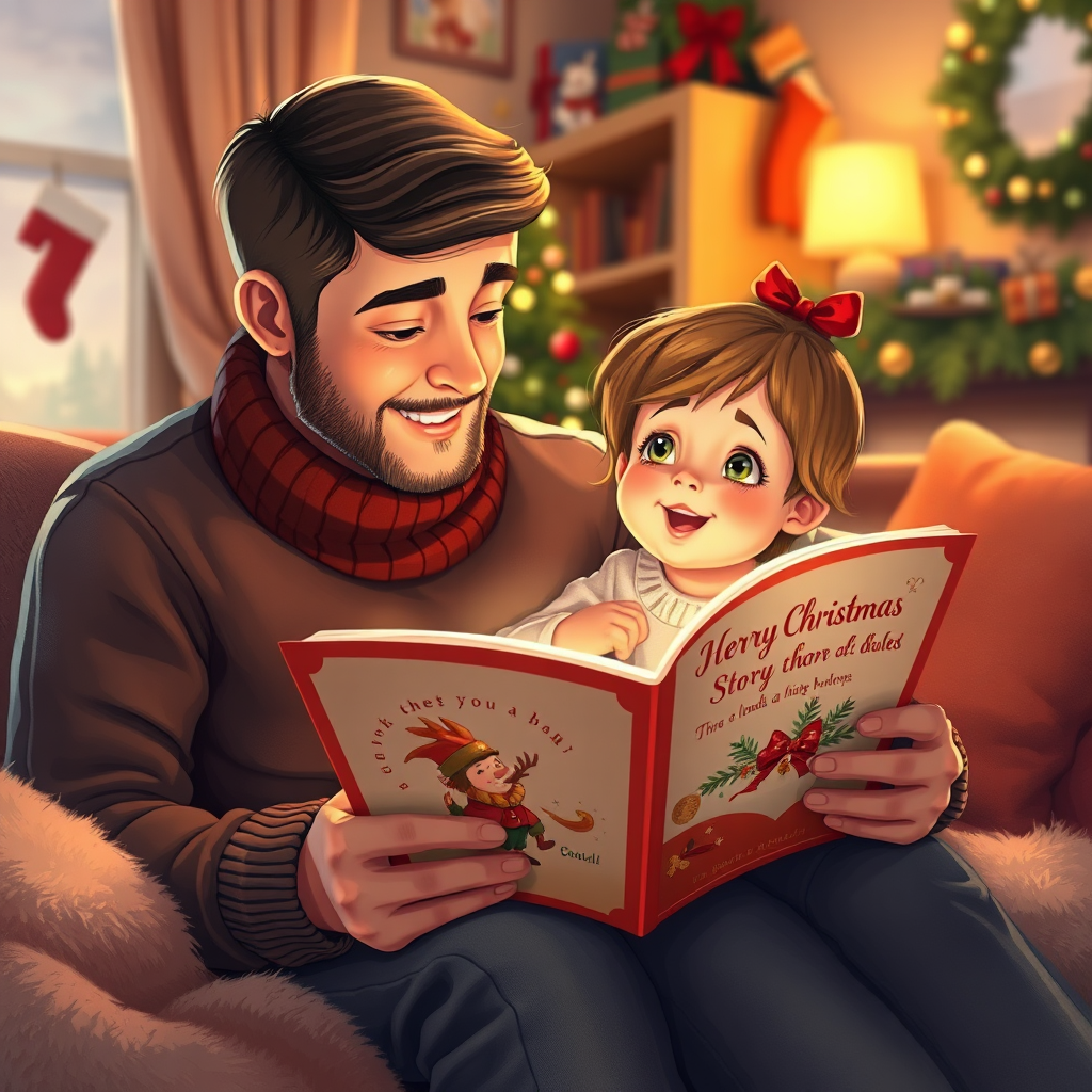 Create a heartwarming image showing a parent reading a personalized Christmas storybook to their child. The scene is set in a comfortable living room, decorated for Christmas. The child is looking up at the parent with adoration, captivated by the story. The book's cover features a whimsical illustration and the child's name. The lighting should be soft and inviting, with a warm color palette emphasizing reds, greens, and golds. The camera angle is a medium shot, focusing on the faces of the parent and child and the details of the book. Textures should be realistic, conveying the warmth and comfort of the scene. The overall mood should be one of joy, love, and the magic of Christmas. Style reference: Illustration with realistic lighting. 4K resolution, high quality.