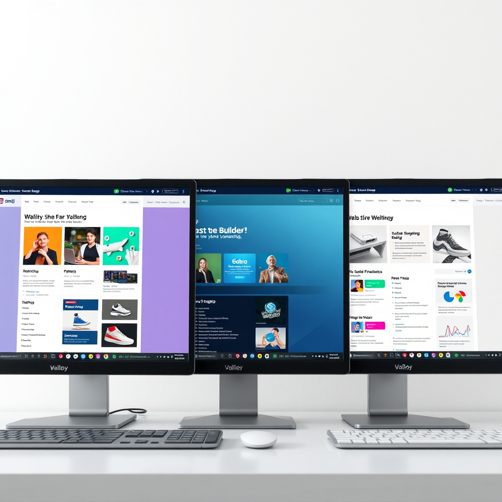 Create a photorealistic image showing three different computer screens, each displaying a website builder interface. Each interface should be distinctly different, representing different platforms. Focus on the visual variety of website building experiences. The lighting should be neutral and even, showcasing the details of each screen. Color palette should be diverse, reflecting the variety of the platforms depicted. The camera angle is a slightly high, medium shot, capturing all three screens in focus. Style: Comparison, diversity, and choice. Technical Specs: 4K resolution, clean and clear.