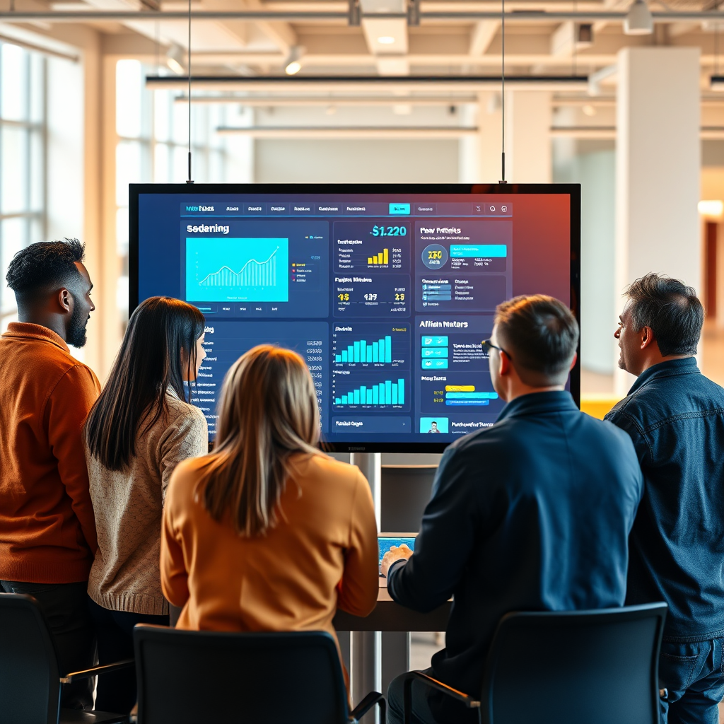 Create a photorealistic image representing the mission of Meiks Affiliate Pages. The scene depicts a team of diverse professionals collaborating around a large interactive display. The display shows a wireframe of a website seamlessly integrated with affiliate marketing metrics. The lighting should be bright and optimistic, highlighting the collaborative process. The color palette should be warm and inviting, using tones of orange, yellow, and beige, contrasted with the cool blues of the display. The camera angle is a medium shot, capturing the engagement and energy of the team. Pay attention to the texture details of clothing, skin, and technology. The environment is a modern, open-plan office space. Style: Collaborative, innovative, and results-driven. Technical Specs: 4K resolution, high quality rendering.