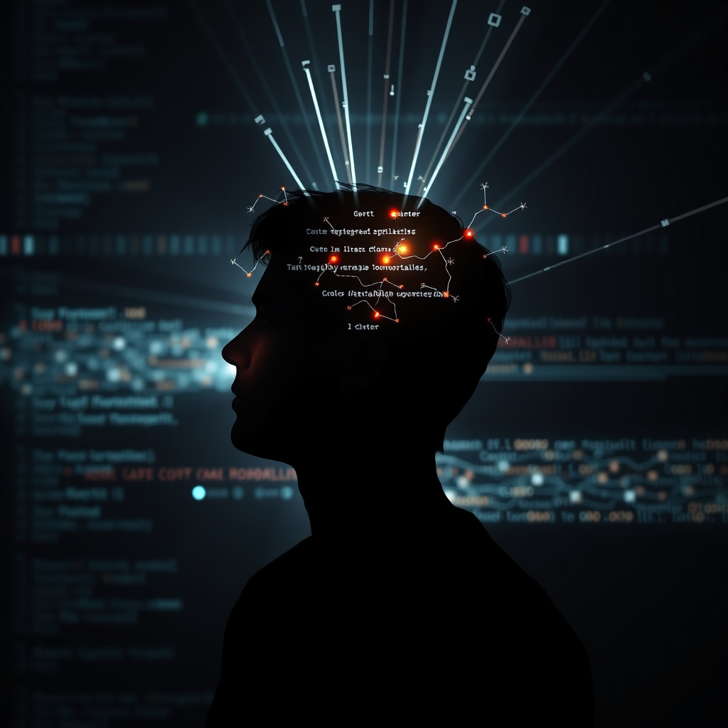 Create a photorealistic image depicting the creation of an individualized strategy. A person's silhouette is lit with rays of code and data streams. The light illuminates parts of the person's brain, with synapses firing representing thought. The overall palette is dark and moody. Style reference: Tech noir. Technical specs: 4K resolution, high quality.