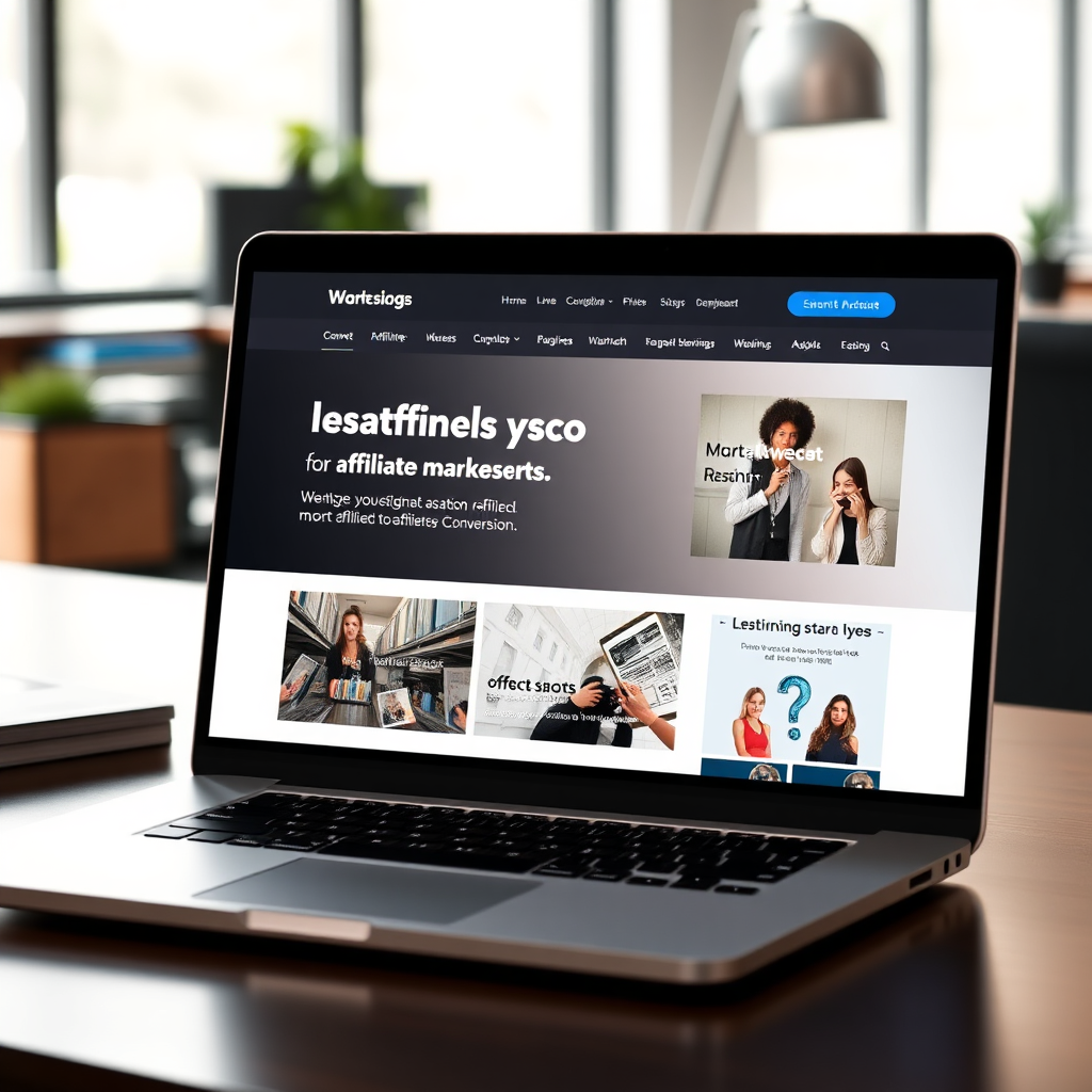 Create a photorealistic image showing a laptop displaying a beautifully designed affiliate website. The website should be clean, modern, and optimized for conversions. Focus on highlighting the key elements that make it effective for affiliate marketing. The environment is a modern workspace with positive lighting. Style: Professional, conversion-focused, and modern. Technical Specs: 4k