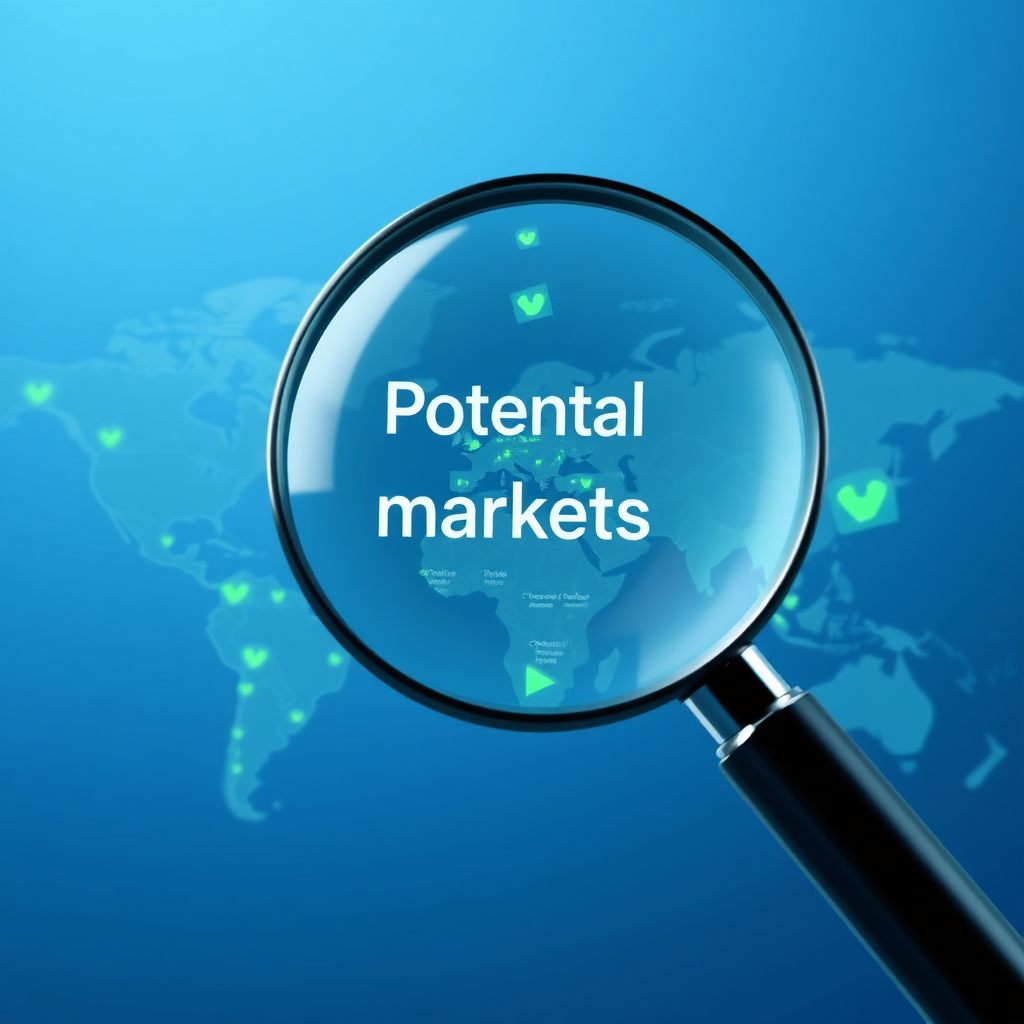 Create a photorealistic image representing a digital magnifying glass hovering over a world map, highlighting potential niche markets. The style is clean, modern, and professional, with a focus on data analysis. The color palette uses shades of blue and green to evoke trust and growth. Style reference: Data visualization. Technical specs: 4k resolution, high quality.