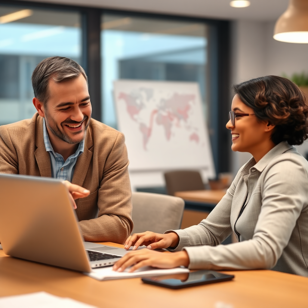 Create a photorealistic image depicting a one-on-one mentoring session. A mentor and mentee are sitting at a desk reviewing data on a laptop. The mentor is pointing at the screen while smiling warmly, and the mentee looks engaged. The light is warm and inviting. Style reference: Candid photography. Technical specs: 4k resolution, high quality.