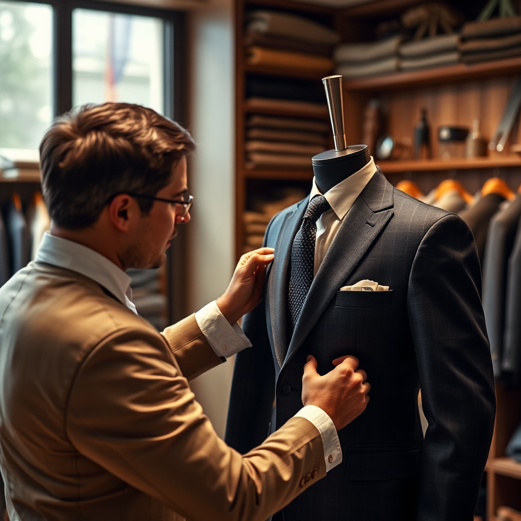 Create a photorealistic image depicting a tailor fitting a suit on a client. The suit should be impeccably tailored and perfectly fitted to the client's body. In the background, fabric swatches and tailoring tools create a sense of craftsmanship. The lighting should be warm and inviting, highlighting the personalized service. The color palette should be classic and sophisticated, using tones of brown, beige, and navy. Style: Personalized, tailored, and refined. Technical Specs: 4K resolution, high quality rendering.