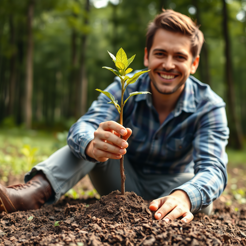 Create a photorealistic image depicting a person planting a tree, symbolizing long-term investment and growth. The tree is a young sapling, but its roots are firmly planted in the ground. The person is smiling, confident in the future. The background is a lush forest, representing a sustainable ecosystem. Style reference: Nature photography, emphasizing growth and sustainability. Technical specs: 4K resolution, high quality.