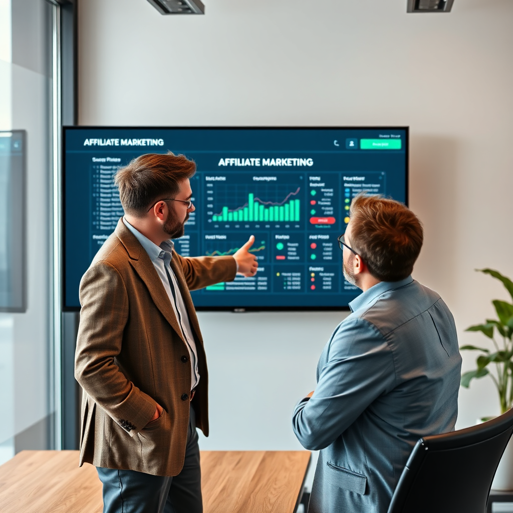 Create a photorealistic image representing a mentor guiding a mentee through a complex project. The setting is a modern office with a large screen displaying affiliate marketing data. The mentor is pointing at the screen, explaining a strategy to the mentee, who is listening attentively. The lighting is soft and supportive, emphasizing the connection between the two individuals. Style reference: Business photography, emphasizing mentorship and guidance. Technical specs: 4K resolution, high quality.