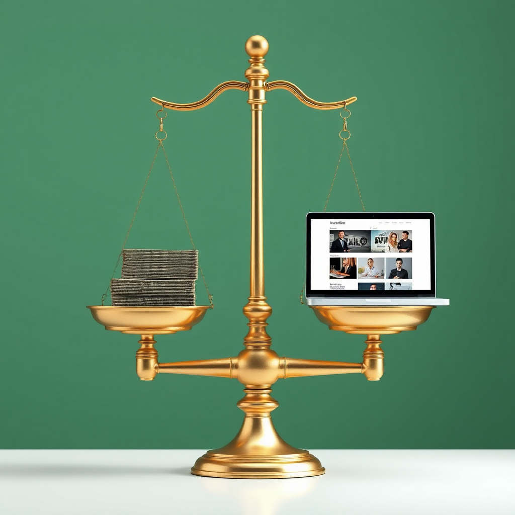 Create a photorealistic image showing a balanced scale. On one side of the scale, place a stack of money. On the other side, place a laptop displaying a beautifully designed website. The scale should be perfectly balanced, representing the ideal balance between price and value. The lighting should be even and well-lit, highlighting the details of both sides of the scale. The color palette should be professional and trustworthy, using tones of green, gold, and silver. Style: Balance, value, and financial prudence. Technical Specs: 4K resolution, high quality rendering.
