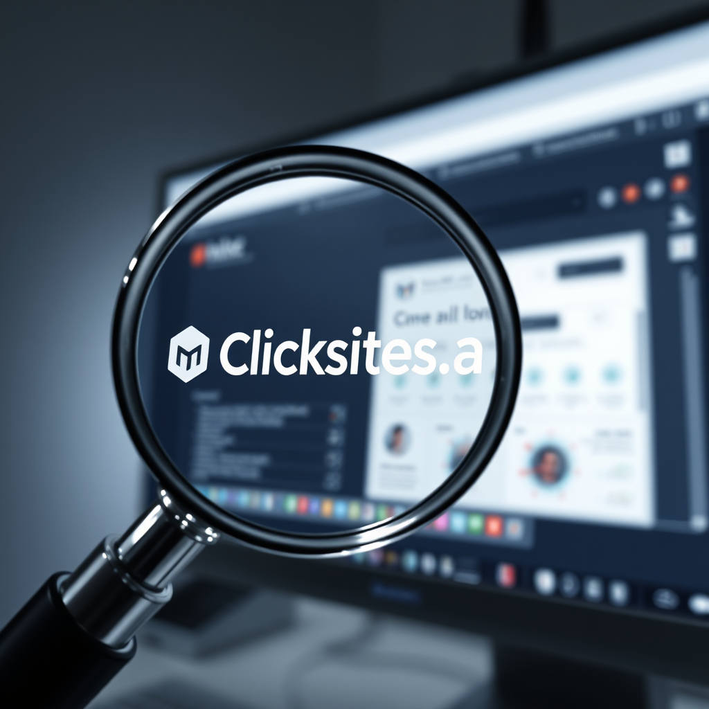 Create a photorealistic image depicting a magnifying glass hovering over a computer screen displaying the Clicksites.ai interface. Focus on highlighting specific details and features of the platform. The lighting should be bright and focused, emphasizing the magnifying glass and the screen. The color palette should be neutral and analytical, using tones of gray, white, and black. Style: Analytical, objective, and detailed. Technical Specs: 4K resolution, high quality rendering.