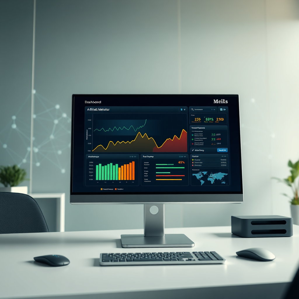 Create a photorealistic, ultra-high quality hero image for "Meiks Affiliate Pages". The scene depicts a sleek, modern computer monitor displaying a dynamic dashboard with rising graphs and affiliate marketing data. In the background, subtle network nodes and connections visually represent the interconnectedness of the affiliate world. The lighting should be soft and inviting, emanating from the monitor and highlighting key data points. Color palette should be professional and trustworthy: deep blues, greens, and greys, with accents of vibrant orange and yellow to draw attention to crucial elements. The camera angle is a slightly low, wide shot emphasizing the screen and the network behind it. Pay attention to the texture details of the screen, keyboard, and desk. The environment is a clean, modern office space. Style: A blend of modern minimalism and data visualization. Technical Specs: 8K resolution, hyperrealistic rendering.